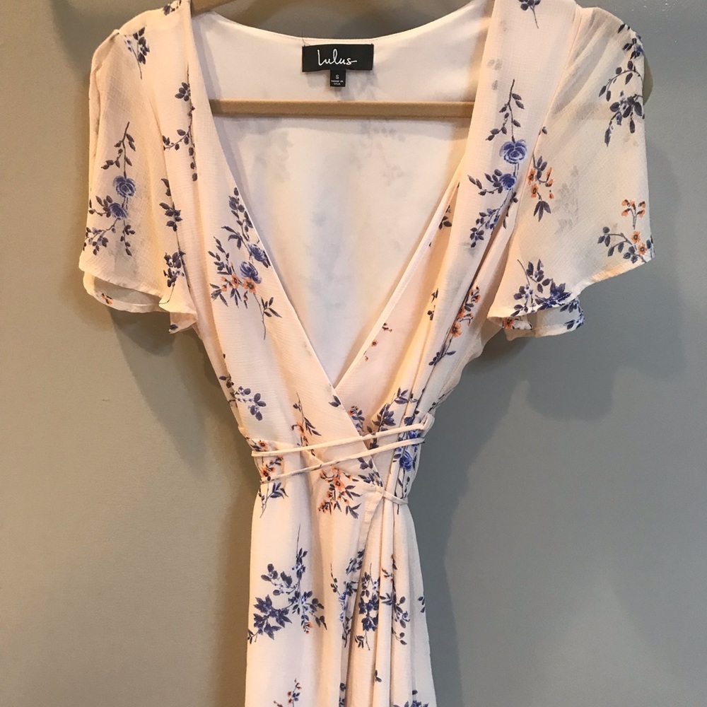 Pink floral wrap dress (Lulu’s)
